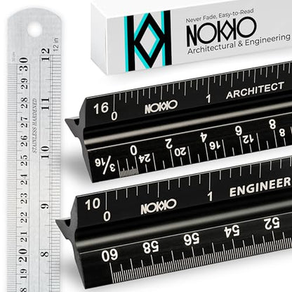 Architectural Scale Ruler and Engineering Scale Ruler Set, 12-Inch, 3-Piece | Architect and engineer scale ruler set with a 12-inch stainless steel ruler for drafting, blueprints and construction plans