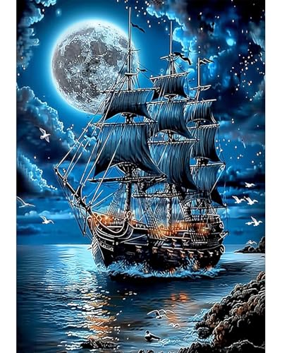 Ocean Ship Diamond Art Kits for Adults, Landscape Crafts 5D Diamond Painting Dot Kit for Adult Beginners, Beach Boat DIY Round Dots Full Drill Diamonds Paintings Art for Home Wall Decor Gifts 12X16 In - color: C12