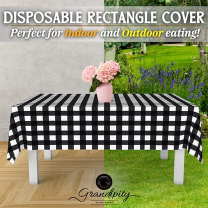 Grandipity Plastic Table Cloth Disposable 12 Pack 54” x 108” Rectangle | Black Gingham Plastic table covers, durable disposable tablecloths, fade and tear-resistent table cover for party, event - color: Black Gingham, size: 54in. x 108in. Rectangle