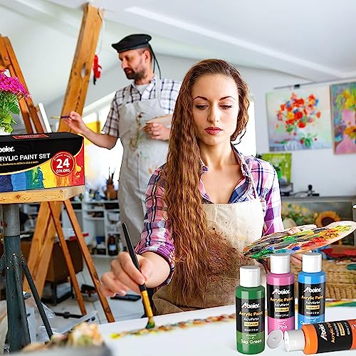 ABEIER Acrylic Paint Set, 24 Colors 2oz, 12 Brushes, Non-Toxic, Waterproof - style: Classic Colors