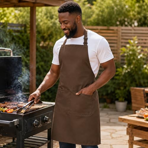 Tosewever Chef Apron Hat Set for Women and Men, Adjustable Bib Apron with 2 Pockets Costume Apron for Father Kitchen Cooking - color: Brown