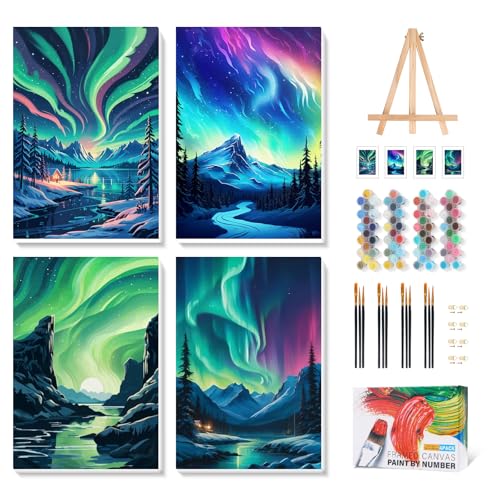 Camocin 4 Pack Framed Paint by Numbers Kit for Adults with Wooden Easel | Northern Lights Aurora Artwork, Night Sky Decor, DIY Canvas Painting Set, Bedroom Wall Decor, Beginner Friendly, 8x12 Inch - color: LBOP4PF06