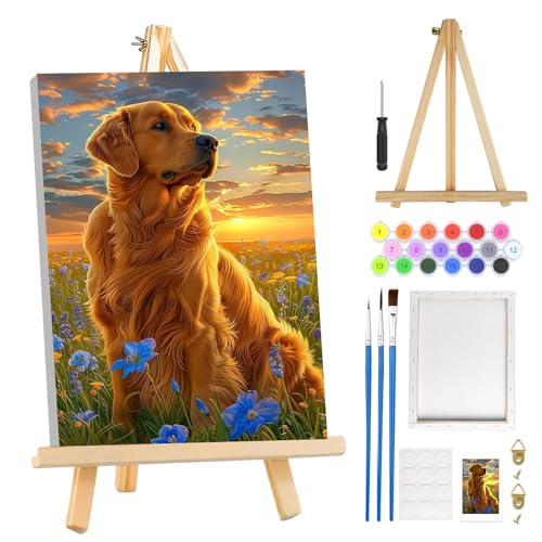 MOGTAA Paint by Numbers Kit for Adults with Frame, Dog Paint by Number Canvas, Flowers Scenery Paint by Numbers with Easel, DIY Animal Oil Painting Kit for Home Wall Decor 8 x 12 Inch - color: Dog