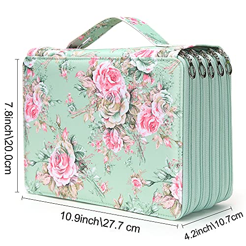 Vomgomfom 252 Slots Pencil Bag, 5-Layer Zipper Art Supply Organizer, PU Leather Portable Colored Pencil Case with Handle for 252 Watercolor Pens, Gel Pens (Green Rose) - color: A Green Rose, size: 252 Slots