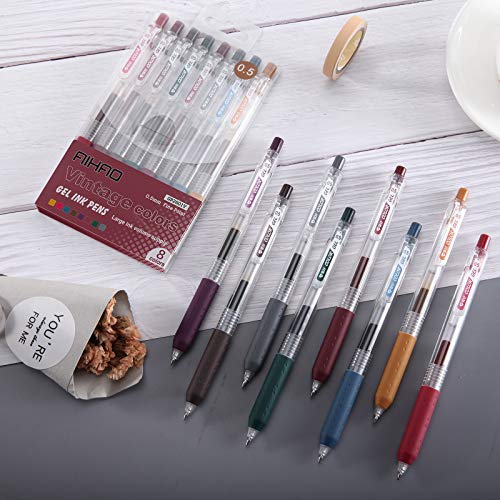 AIHAO Retractable Gel Pens, 8 Pack Vintage Colors Fine Point 0.5mm for Smooth Writing, Planner, Journaling, Note Taking for School Office & Home - size: 1 Count (Pack of 8)