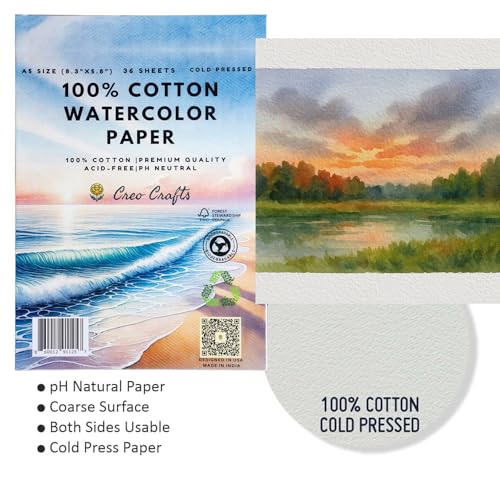 Creo Crafts 100% Cotton Watercolor Paper A5 (5.8 x 8.3 in) - 36 Sheets, 250 GSM Cold Pressed, Gelatin Sized, Acid-Free Natural White Artist Paper for Watercolour & Gouache - size: A5
