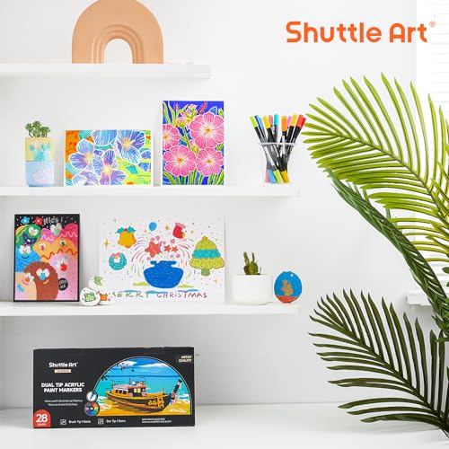 Shuttle Art 28 Colors Brush & Dot Tip Acrylic Paint Markers | Brush and dot tips for rock, wood, canvas, glass, ceramic. Great for crafts, cards, calligraphy. Quick-dry vivid colors. - color: 28 Colors Dot Tip & Brush Tip, size: 1 Count (Pack of 28)