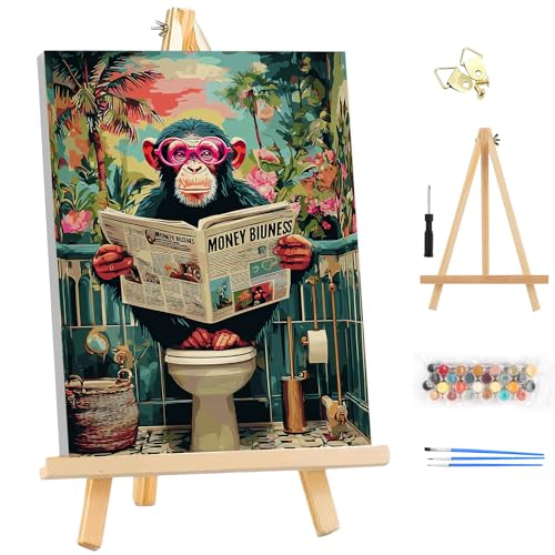 EOBROMD Framed Paint by Numbers Kits for Adults with Wooden Easel, Funny Monkey DIY Kits Crafts for Beginner on Stretched Canvas, 3 Brushes and Acrylic Paint for Home Decor 10x14 Inch - color: LG046