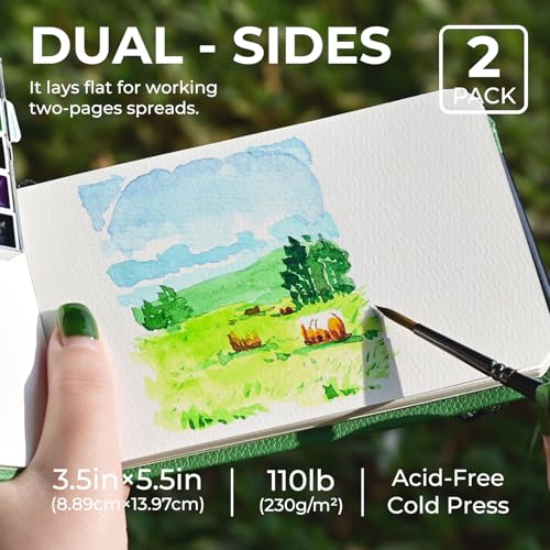 Funto Watercolor Journal, 3.5x5.5, 2 Pack, 24 Sheets Each, Cold-Pressed with Inner Pocket, 110lb/230gsm, Suitable for Techniques and Mixed Media - color: Green-Leather-3.5x 5.5