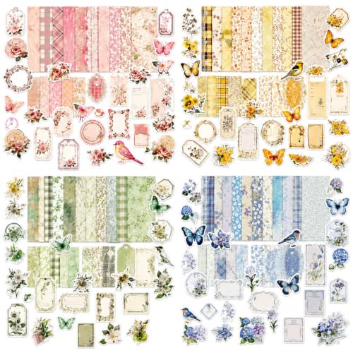 400-Piece Vintage Floral Scrapbook Kit, Paper & Stickers, 4 Color Themes | 400 coordinated vintage papers and stickers in 4 floral color themes for junk journals, scrapbooks, collage, and cards - color: muticolor