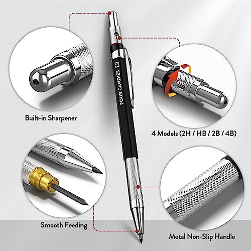 Four Candies 2MM Mechanical Pencil Set with Case, Metal, 60 Lead Refills - size: 9 Piece Set