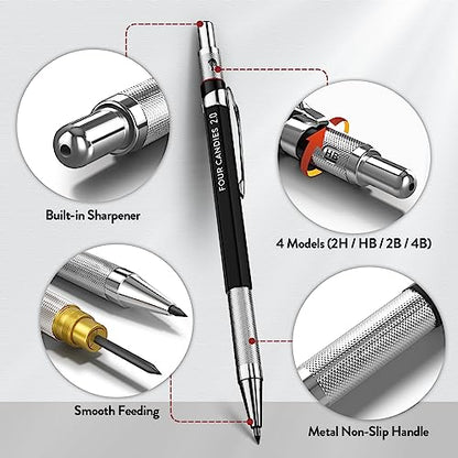 Four Candies 2MM Mechanical Pencil Set with Case, Metal, 60 Lead Refills - size: 9 Piece Set
