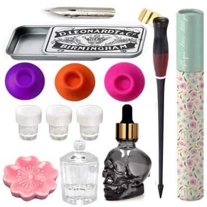 Oblique Calligraphy Pen Set – Hand-Adjusted Brass Flange, Dinky Dip Ink Wells, Ceramic Pen Rest, & Moon Palace Sumi Ink for Copperplate & Modern Calligraphy - style: Oblique Pen Set w/ Cherry Blossom Rest