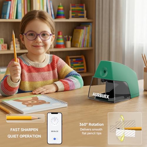 Electric Pencil Sharpener for 6 to 8 mm Pencils Helical Blade Fast 4 Second Sharpening Large Shavings Bin Non Slip Feet Safe Design for Classroom Office and Home Green(S1131) - color: Green