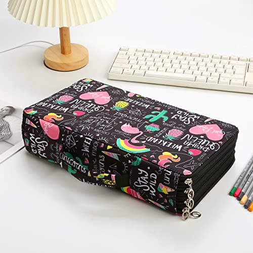 300 Slots Pencil Case 4-Layer Zipped Holder w/Handle - color: Cherry Cactus, size: 300