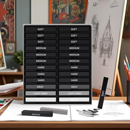 24 Pcs Compressed Charcoal Sticks with Soft, Medium, Hard and White Charcoal, Square Vine Charcoal Stick Kit for Drawing, Sketching and Shading, Art Supplies for Artists Beginners