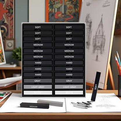 24 Pcs Compressed Charcoal Sticks with Soft, Medium, Hard and White Charcoal, Square Vine Charcoal Stick Kit for Drawing, Sketching and Shading, Art Supplies for Artists Beginners