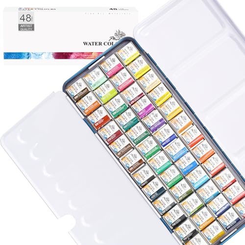 PHOENIX Watercolor Paint Set – 48 Half Pan Colors with Portable Tin Box, Ideal for Beginners, Students, Hobbyists, and Art Classes - color: 48 Classic Colors