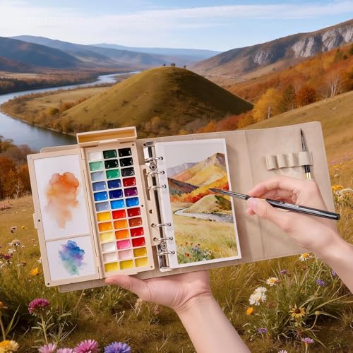 Travel Watercolor Sketchbook Set - 6.7x3.9 in 100% Cotton Cold Press 20 Sheets Binder Art Journal with 36-Well Empty Ceramic Paint Palette & 2 Travel Watercolor Brushes for Artists Outdoor Painting - color: Beige White