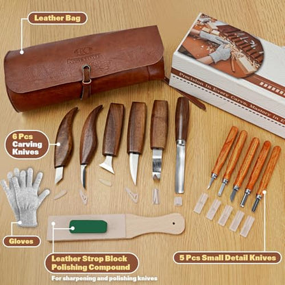 Wood Carving Tools, 15Pcs Wood Carving Kit with PU Storage Bag, Wood Whittling Kit with 6Pcs Whittling Knives & 5 Detail Carving Knives for Adults Wood Carving DIY