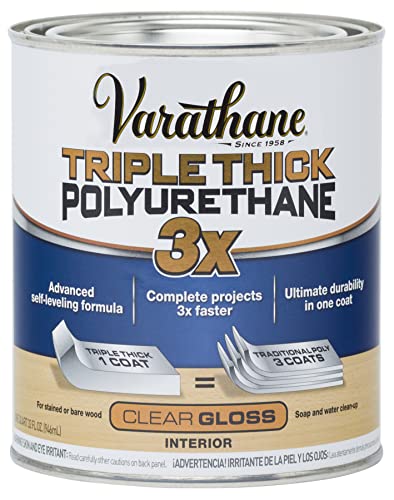 Varathane Triple Thick Polyurethane Gloss Wood Finish | One Coat Protection, Self-Leveling Formula, Scratch And Stain Resistance, Crystal Clear Finish, Quart - size: Quart (Pack of 1), style: Gloss