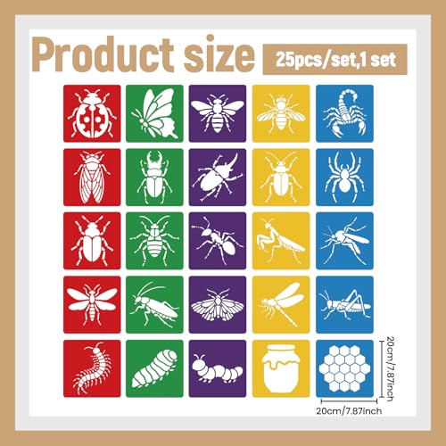 CUTHOLLOW Animals Fruit Plant Stencils, 24PCS 8-Inch Reusable Plastic | 24PCS 8-Inch Animals, Fruit & Plant Shapes, Reusable Washable Plastic, Painting, Crafts, Wall Art & Sidewalk Chalk - style: Insects