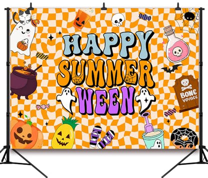 8x6FT Summerween Backdrop Happy Summerween Halloween Ghost Magic Pot Tombstone Background for Boy Girl Women Summer Halloween Party Decorations Vinyl