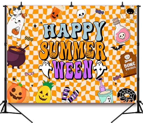 8x6FT Summerween Backdrop Happy Summerween Halloween Ghost Magic Pot Tombstone Background for Boy Girl Women Summer Halloween Party Decorations Vinyl