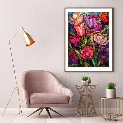 Tulips Diamond Art Painting Kits for Adults - Stained Glass Flower Round Full Drill Diamond Dots Paintings for Beginners, 5D Paint with Diamonds Pictures Gem Art Painting Kits DIY Crafts Project - color: tulip