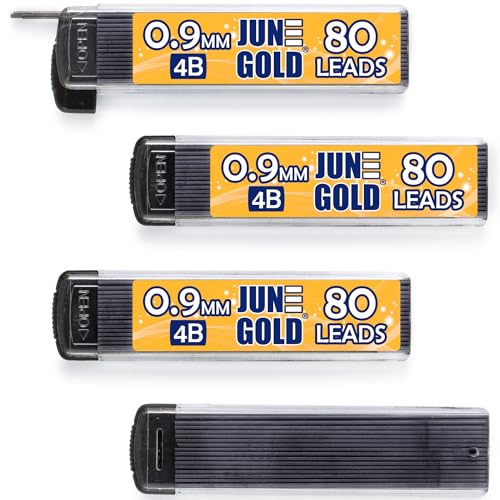 June Gold 0.9 mm, 320 Lead Refills, 4B, 4 Dispensers/w 80 Pieces Each | Bold Thickness, Break Resistant Graphite, Elegant Dispensing Mechanism, 1.0 mm Compatible - color: 4b Graphite, style: 0.9 mm