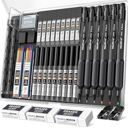 Nicpro 6PCS Art Mechanical Pencil Set,HD1000 Mechanical Drawing Pencils - style: 0.5,0.7,0.9,2.0mm(6 Pcs)