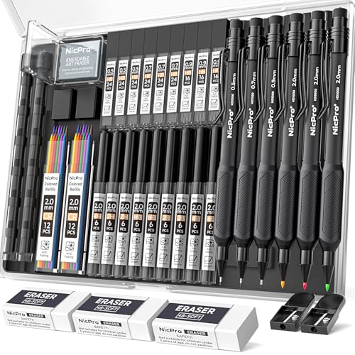 Nicpro 6PCS Art Mechanical Pencil Set,HD1000 Mechanical Drawing Pencils - style: 0.5,0.7,0.9,2.0mm(6 Pcs)