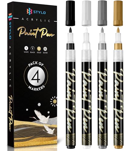 Stylo Acrylic Paint Markers, 4 Metallic Paint Pens Gold Silver Black White - color: Gold, Silver, Black, White