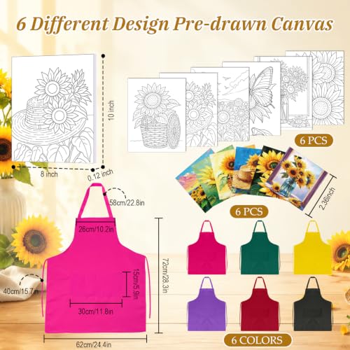 Cholemy 6 Set Paint and Sip Kit for Adults 8"x 10" Pre Drawn Canvas Painting with Wooden Easel Acrylic Paint Wash Cup Brushes Palette Apron for Painting DIY Adult's Date Party Supplies(Sunflower) - style: Sunflower