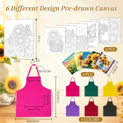 Cholemy 6 Set Paint and Sip Kit for Adults 8"x 10" Pre Drawn Canvas Painting with Wooden Easel Acrylic Paint Wash Cup Brushes Palette Apron for Painting DIY Adult's Date Party Supplies(Sunflower) - style: Sunflower