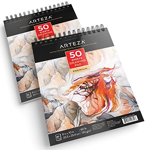 ARTEZA Drawing Paper Pad, 8 x 10 Inches, Pack of 2, 50 Sheets Each, Spiral Bound Artist Drawing Books, Durable Acid Free White Sketch Paper - size: 8"x10" (Pack of 2)