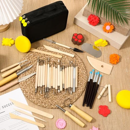 43 Pcs Pottery Tools Pottery Sculpting Tool, Potterys Kit, Clay Sculpting Tools at Home, Ceramics Tool Set with Carrying Case Bag and Apron, for Potterys Wheel, DIY Art and Craft (Natural Wood Color) - color: Natural Wood Color