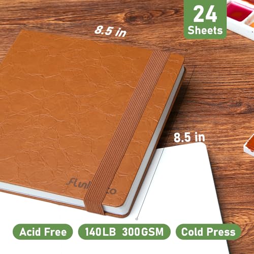 Watercolor Journal 8.5"x8.5",100% Cotton,24 Sheets,Cold Pess | 140lb/300gsm,Vegan Leather Cover,Square Watercolor Sketchbook,Perfect for Watercolor,Gouache, Acrylic,Ink & Mixed Media - color: Tawny