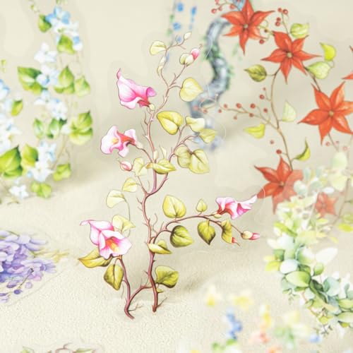 120 Pcs Floral Vine PET Stickers for Scrapbooking | Large cascading botanical designs for journaling, junk journals, collage, planners, card making, and DIY crafts - color: Climbing Blooms