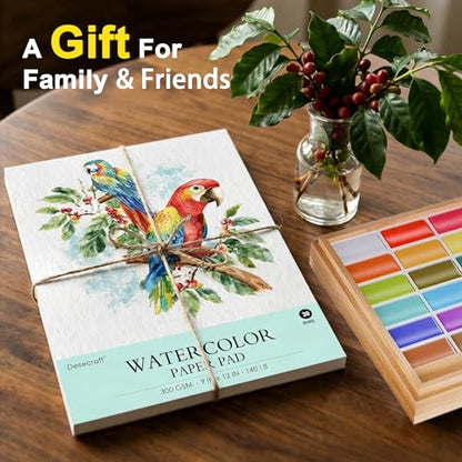 Desecraft Watercolor Paper Pad 9x12 Inch, 30 Sheets 140lb/300gsm Cold Press, Acid-Free Heavyweight Artist Sketchbook for Watercolors, Acrylics, Gouache, Ink & Mixed Media Painting and Drawing
