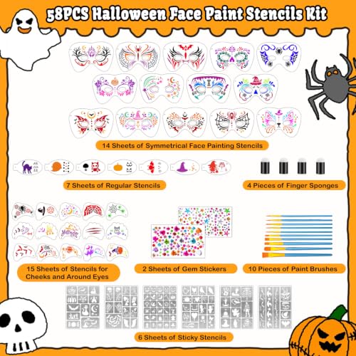 58PCS Halloween Face Paint Stencils Kit Includes 36 Reusable Facial Painting Stencils, 6 Sheets Tattoo Templates Stickers, 10 Brushes, 2 Pack Adhesive Gems, 4 Sponge for Halloween Party Makeup - color: Halloween