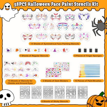58PCS Halloween Face Paint Stencils Kit Includes 36 Reusable Facial Painting Stencils, 6 Sheets Tattoo Templates Stickers, 10 Brushes, 2 Pack Adhesive Gems, 4 Sponge for Halloween Party Makeup - color: Halloween