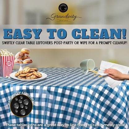 Grandipity Plastic Table Cloth Disposable 12 Pack 84" Round Gingham | Plastic table covers, durable disposable tablecloths, fade and tear-resistent table cover for party, event - color: Blue Gingham Checkered, size: 84in. Round