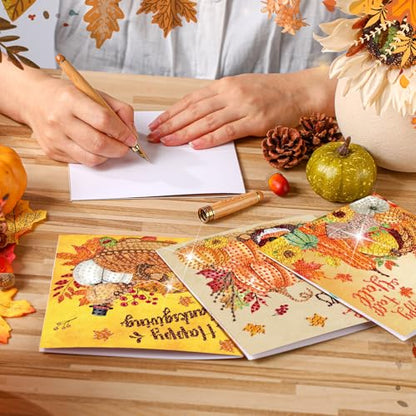 Saillong 12 Pack Fall Diamond Painting Greeting Card Kits DIY Thanksgiving Diamond Art Cards with Envelopes Pumpkin Turkey 5D Rhinestones Paint Card for Adults DIY Crafts Family Friend Birthday Gifts - color: Turkey
