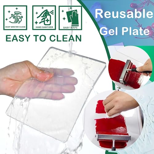 Reusable Gel Printing Plate Kit, Complete Printmaking Set with 5" X 7" Gel Plate, Acrylic Paint, Paper, Baren, Rubber Roller, Stencils and Storage Box, Easy Clean Plate, Creative Art DIY Printmaking
