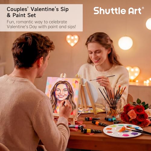 Shuttle Art 58 Pack Painting Kit for Adults and Couples, Sip and Paint Kit for Date Night and Crafts, with 2 Pack of 15 Colors Paint, 2 Wooden Easels, Canvas, Brushes & Palettes - size: 58 Pack