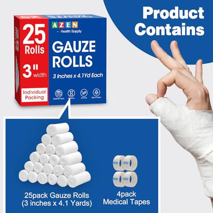 AZEN 25 Pack Gauze Rolls Bandages, 3 in x 4.1 Yards, Premium Medical Supplies & First Aid Supplies, Bandage Wrap Vet Wrap, Mummy Wraps - color: 25p, size: 3IN