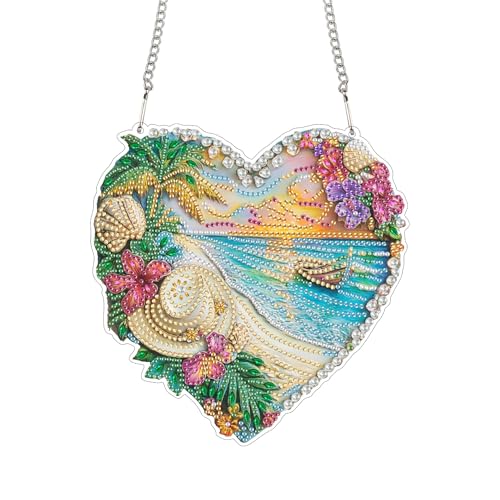 Bimkole Beach Hanging Diamond Pearl Art Kits for Adults Pendant C16 | DIY 5D Special Crystal Diamond Painting Landscapes Window Suncatcher, Acrylic Pearl Art Autumn Winter Wall Decor 7.8x7.8 Inch - color: Love beach