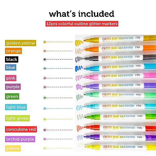 Incraftables Outline Glitter Markers (12 Colors) – Metallic, Double Line Pens, Shimmer Markers for Crafts, Greeting Cards, Drawing - style: Glitter Marker