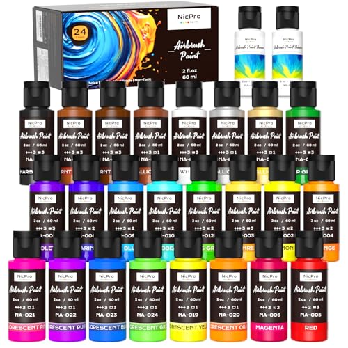 Nicpro 24 Colors Airbrush Paint Set 2oz/60ml, Ready to Spray Airbrush Paint | Opaque Water-Based Acrylic Air brush Paints for Model, Metal, Plastic, Wood, Canvas, with 2 Thinner - size: 2 Fl Oz (Pack of 26)